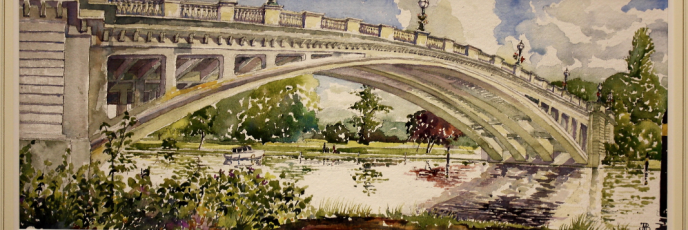 Reading Bridge, water colour painting, michael burnet smith